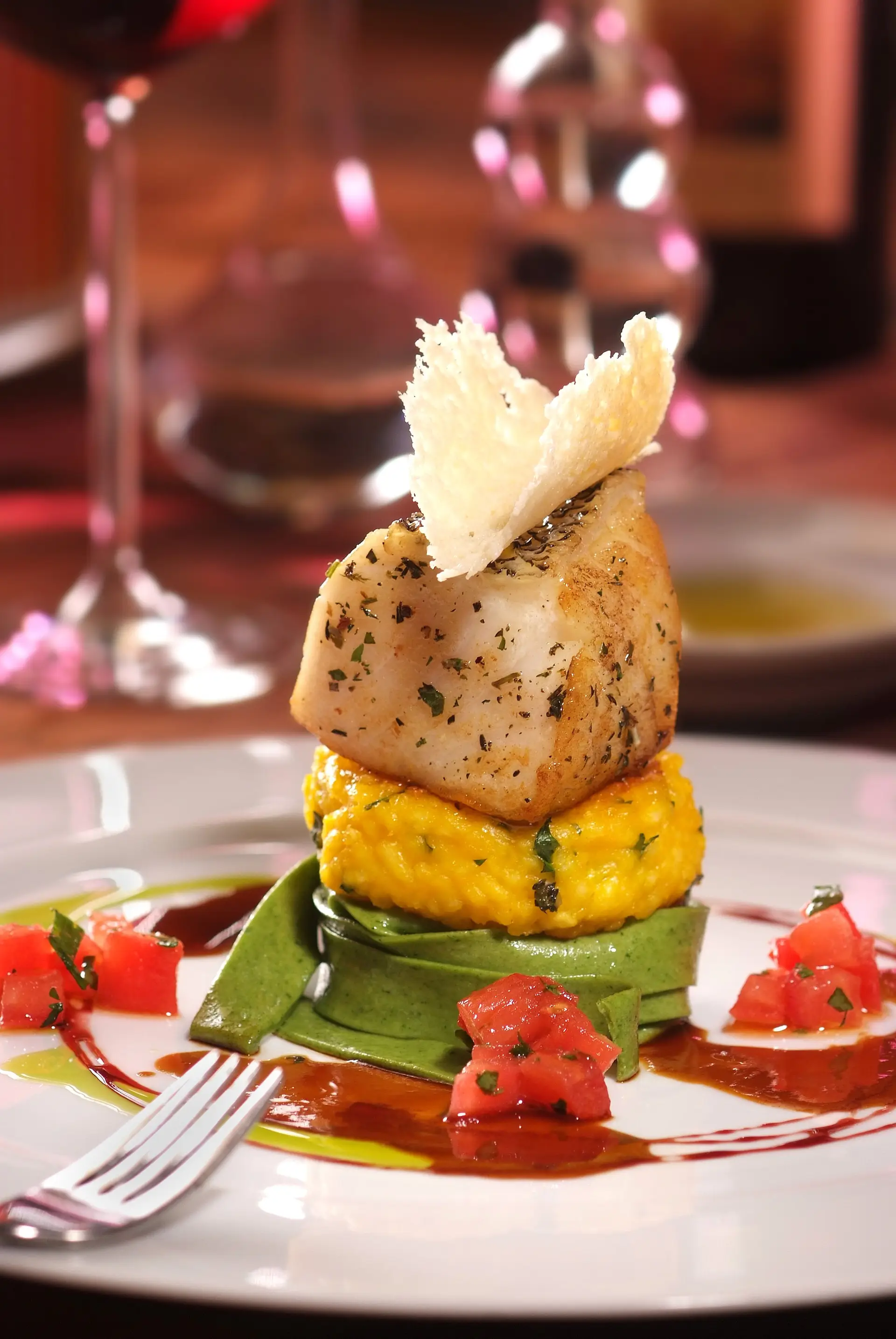 Seafood over vegetable puree